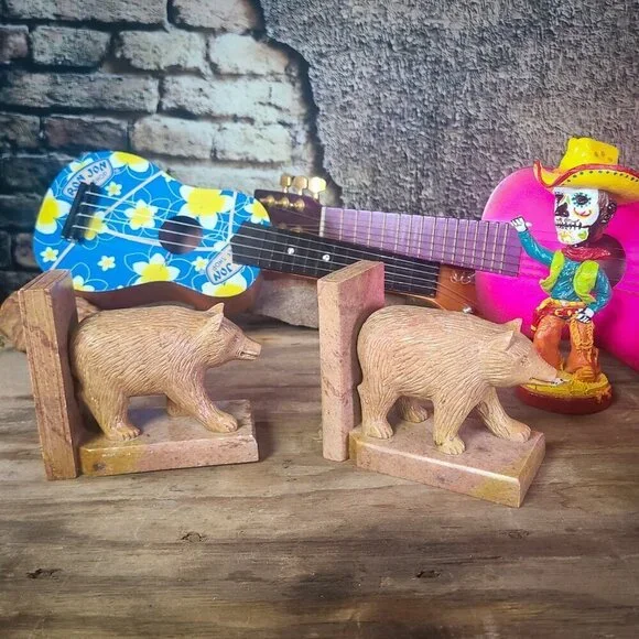 Hand Carved Bear Book Ends Minnesota Agate 1950s - Picture 2 of 15